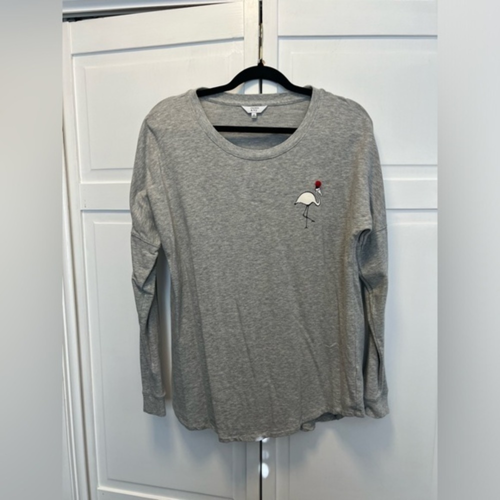 Crown & Ivy Long Sleeve Tee-Shirt With Flamingo Wearing A Hat With Red Pom-Pom